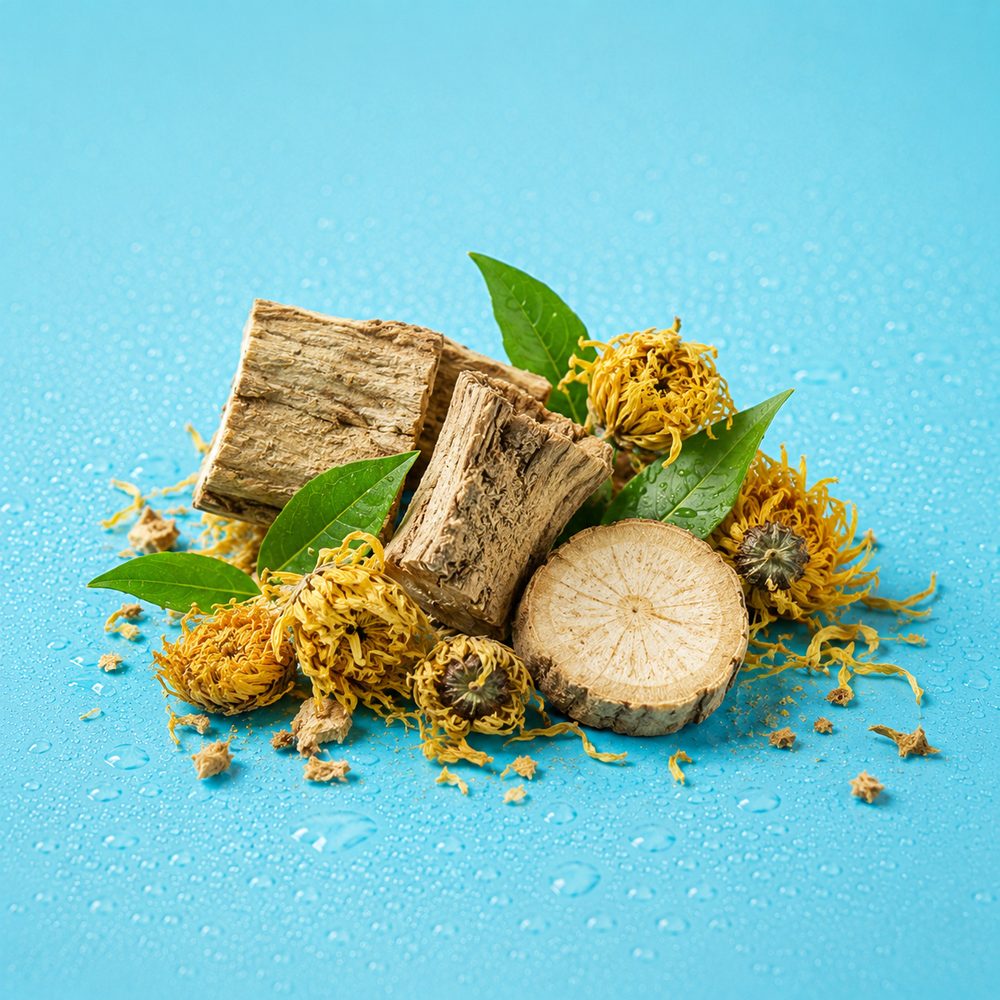Kudzu root and dried chrysanthemum on a teal surface